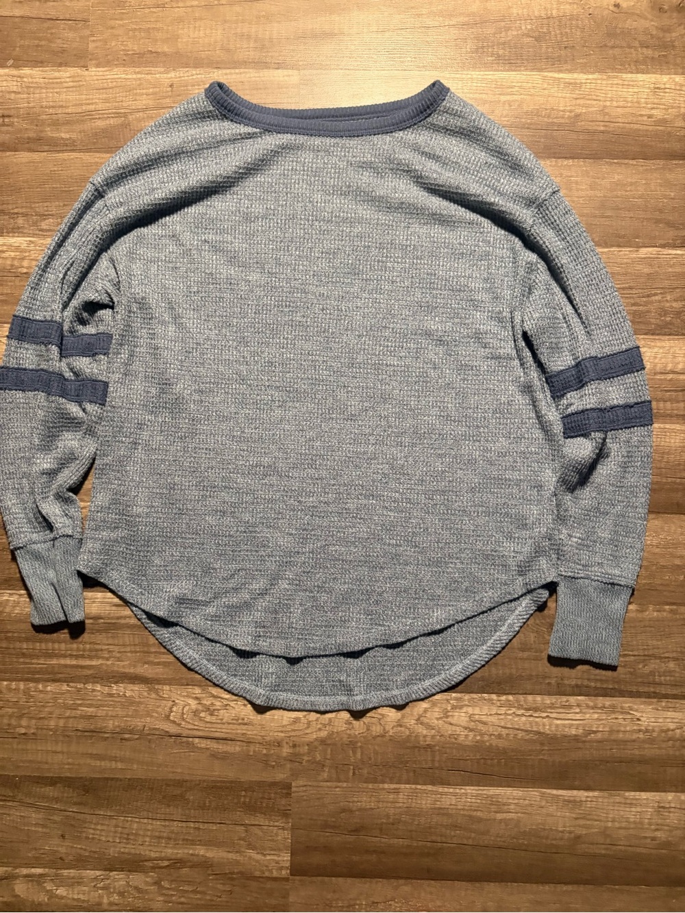SO Men's Light Blue Crewneck Waffle Knit Sweater with Navy Trim
